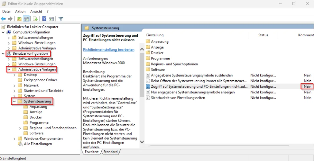 Einstellungen bei Windows stürzt ab und öffnet sich nicht 5 2024 12 06 09 05 39 Editor fuer lokale Gruppenrichtlinien PC Einstellungen