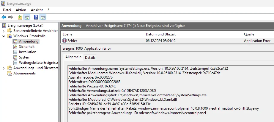 Einstellungen bei Windows stürzt ab und öffnet sich nicht 2 Ereignisanzeige Eintellungen Windows