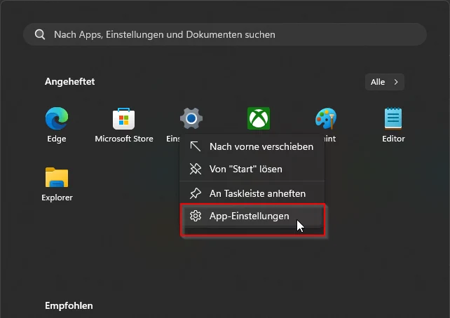 Einstellungen bei Windows stürzt ab und öffnet sich nicht 7 Startmenü App Einstellungen